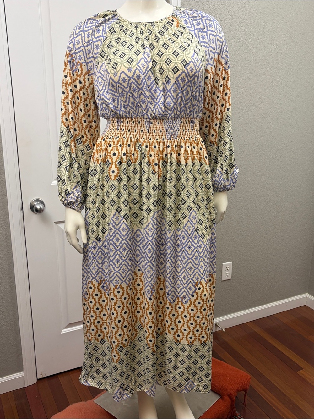 Boden Silk Blend Geometric Print Midi Dress Size 16 Pockets